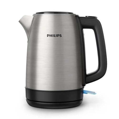 Philips Daily Collection Metall Wasserkocher – 1,7L, Leuchtanzeige, 360°-Basis, Mikro-Sieb-Filter, Flaches Heizelement, Sprungdeckel, Energiesparend, Sicheres Design, Schnelles Aufkochen (HD9350/90) image