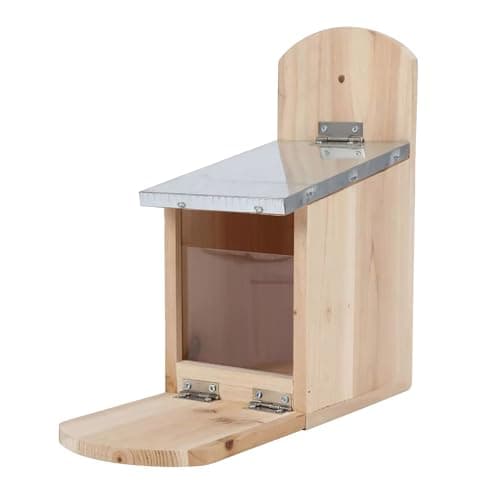 Holz Futterhaus mit Metalldach für Eichhörnchen - 26 x 25 cm - Wildtier Futterstelle mit Sitzplattform - Massivholz Futterstation Futterautomat Futterplatz zum Hängen mit Acrylglasscheibe wetterfest image