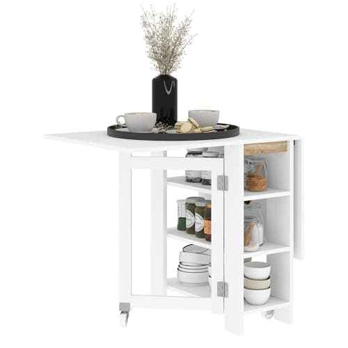 HOMCOM Klappbarer Esstisch, klappbarer Küchentisch, auf Rollen, mit 2 Klappen und 3 Regalen, modernes Design, Küchentisch für kleine Räume, 120 x 60 x 75 cm, weiß image