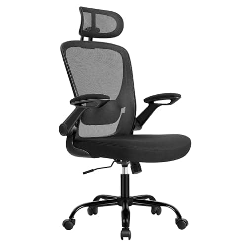 SONGMICS Bürostuhl ergonomisch, Drehstuhl mit Mesh, Lenden- und Kopfstütze, Wippfunktion, 53 cm große Sitzfläche, klappbare Armlehnen, Arbeits- und Schlafzimmer, Studenten, tintenschwarz OBN047B01 image