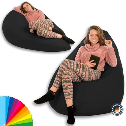 Droplet-Lounge Tropfenform Sitzsack mit Füllung | für Kinder Erwachsene | Indoor & Outdoor geeignet | Wasser-& Schmutzabweisend | Sitzkissen Bodenkissen Beanbag (XL Durchmesser 70 cm, Schwarz) image