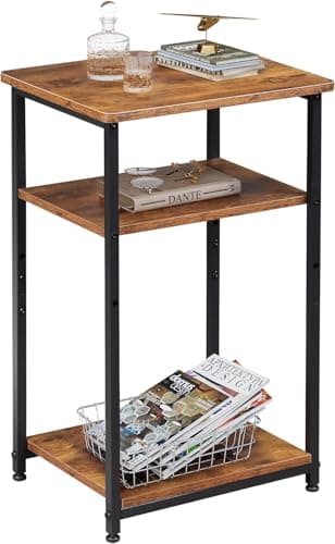 WLIVE Beistelltisch Holz mit Offenem Stauraum, 3-Stufige Beistelltische für Wohnzimmer, Schlafzimmer, Nachttisch Schmal (Vintagebraun-Schwarz) image