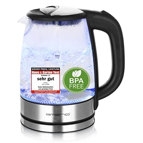 EMERIO Glas Wasserkocher mit 1.7 Liter Volumen | 2200 Watt | blaue LED Innenbeleuchtung | 360° Basis | SIEGER Preis/Leistung Haus & Garten Test | bestes Borosilikatglas | BPA frei | WK-119988.7 image