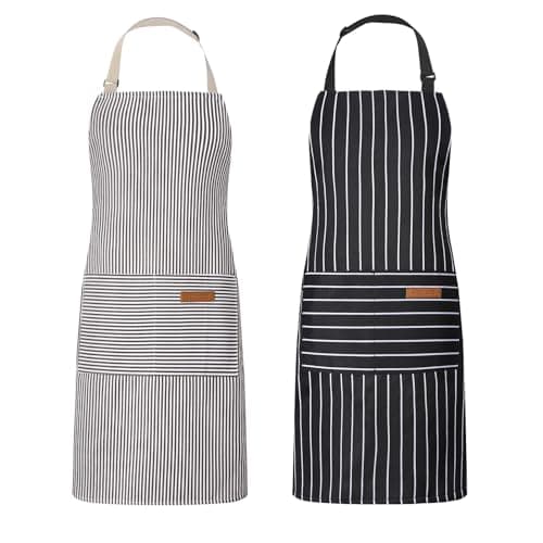 Livdouyu 2 Stück Schürze Kochschürze Damen Verstellbare Küchenschürze mit Taschen Männer Kittelschürze Baumwolle Schwarz Grau Schürze zum Kochen, Malen, Backen, Hausarbeiten image
