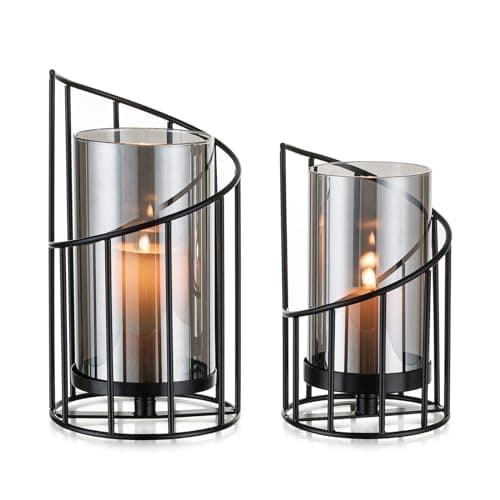 Windlicht Kerzenständer Schwarz Deko Modern: Candeldo 2er Set Kerzenhalter Metall Windlicht Outdoor Tischdeko Wohnzimmer Badezimmer Garten Windlichter Draußen und Drinnen für Stumpenkerze Teelicht image
