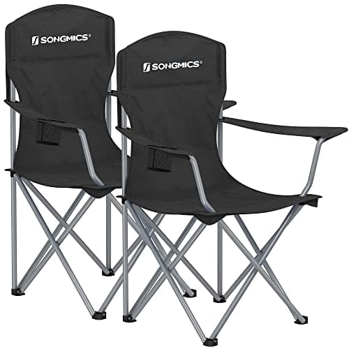 SONGMICS Campingstuhl 2er Set, Klappstuhl Outdoor, Angelstuhl, hohe Rückenlehne, Armlehnen, Getränkehalter, klappbar, bis 150 kg belastbar, Camping Garten Terrasse, schwarz GCB08BK image