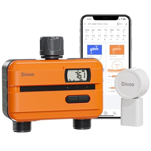 Diivoo Bewässerungscomputer WLAN 2 Ausgänge mit Eingebautem Wasserdurchflussmesser, Smart Zeitschaltuhr Bewässerung mit APP Und 8 Bewässerungsplan, Automatischem Bewässerungsuhr für Garten Rasen image