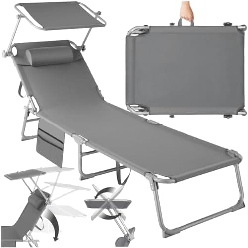 tectake® Sonnenliege klappbar, tragbar, Liege mit Seitentasche, Strandliege, Gartenliege mit Dach, Liegestuhl mit Verstellbarer Rückenlehne, inkl. Kopfkissen - für Balkon, Terrasse, Camping - grau image