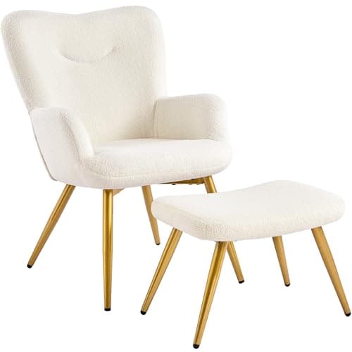 Yaheetech Sessel Ohrensessel mit Hocker aus Boucle-Gewebe, Relaxsessel mit Fußstütze, Loungesessel mit Klappbarer Rückenlehne, Fernsehsessel für Wohnzimmer/Schlafzimmer Elfenbein image