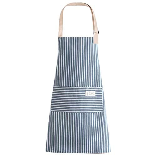 LECTNORE Gestreifte Latzschürze, Kochschürze, verstellbare Schürze mit 2 Taschen, Kochschürze, Baumwollschürze für Damen/Herren (Blau) image