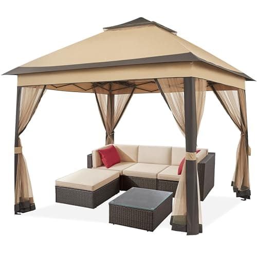 Yaheetech Pavillon 3,3x3,3m Wasserdicht Stabil Pop Up Faltpavillon, Höhenverstellbar Gartenpavillon mit 4 Moskitonetz Seitenteilen & Doppeldach Partyzelt inkl. Tragetasche, Khaki+Braun image