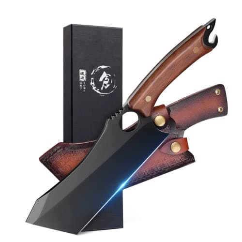 Dream Reach Fleischerbeil 10 Zoll Schwarzes Ausbeinmesser Kochmesser Hackmesser Metzgermesser scharfes Küchenmesser aus Kohlenstoffstahl mit Lederscheide Geschenkbox Flaschenöffner für Grill Camping image