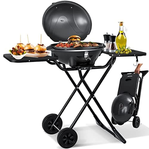 KESSER® elektrischer Elektrogrill 2in1 Tischgrill - Standgrill mit Deckel und Standfuß | max. 2400 Watt | Faltbar | Thermostat | Antihaftbeschichtung | Grillplatte Abstelltische | 2 Räder | image