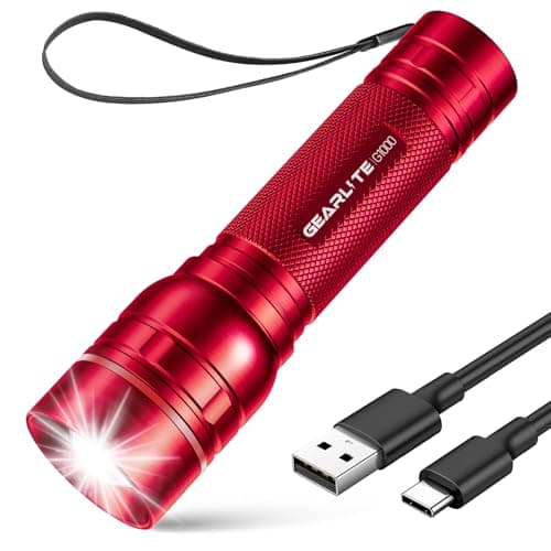GEARLITE Taschenlampe LED Aufladbar, 2000 Lumen LED Taschenlampe Kinder mit 3 Modi，Zoombare Mini Taschenlampe mit Langer Laufzeit, IP65 Wasserdicht Flashlight für Camping Angeln Notfall Outdoor-Rot image
