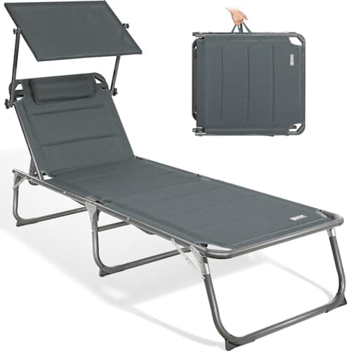 Homecall Sonnenliege Klappbar Mit Dach, Kopfstütze, 5-Fach Verstellbare Rückenlehne, 200 x 70 cm Gartenliege Wetterfest, Garten Liegestuhl Klappbar, Bis 180 kg für Garten, Balkon - XXL (Karbon Grau) image