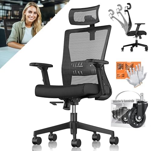 KESSER® Bürostuhl Ergonomisch mit verstellbaren Armlehnen | Drehstuhl mit Lendenwirbelstütze Rückenschonend | Schreibtischstuhl mit Kopfstütze | Office Chair Wippfunktion bis 125° mit 5X Gummirollen image