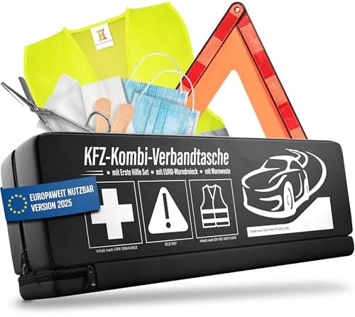 HELDENWERK 3 in 1 Erste Hilfe Set Auto 2025 europaweit einsetzbar & geprüft (StVO konform) I KFZ Kombitasche mit Warnweste, Warndreieck & Verbandkasten I Unfall Zubehör Set, PKW-Notfallset, Pannenset image