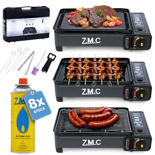 Z.M.C 2-in-1 tragbarer Campingkocher und Gasgrill Klein inkl. Grillzubehör Set und Koffer + 8x Gaskartuschen 227g, Balkon Tischgrill Gaskocher 2,2 kW mit LPG-Anschluss für Camping, Outdoor und indoor image