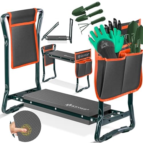 KESSER® 2 in 1 XXL Kniebank für Gartenarbeit Gepolstert Sitzunterlage Eva-Schaumkissen Gartenhocker Klappbar | 2X Werkzeugtasche Handschuhe Gartenkelle & Rechen | Gartenbank 60x50x27cm bis 150 kg image