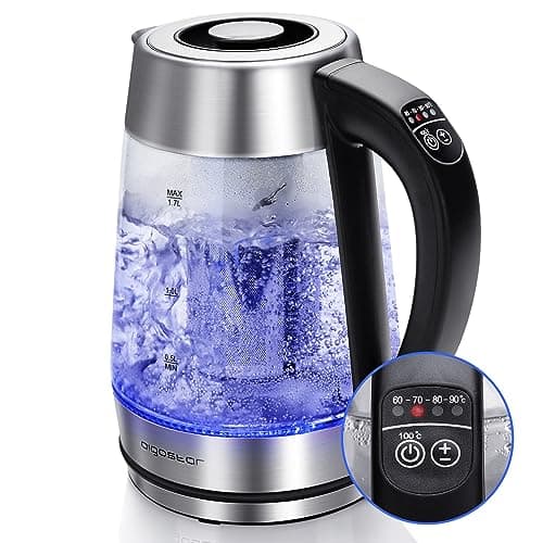 Aigostar Glas Wasserkocher mit Temperatureinstellung 1,7L, 2-in-1 Teekocher mit Edelstahl Teesieb, Temperaturwahl 60°-100°C Farbwechsel LED Beleuchtung, 120 Minuten Warmhaltefunktion, BPA-Frei image