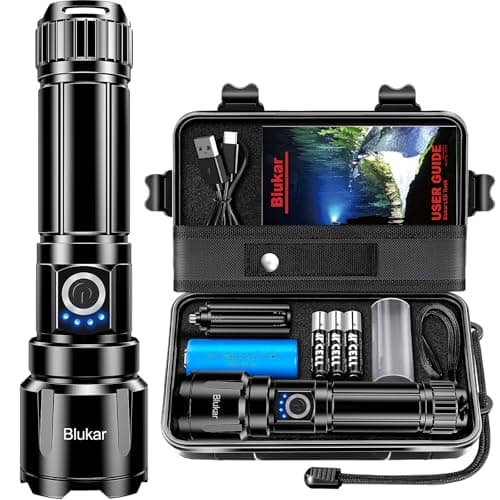 Blukar Taschenlampe LED Aufladbar, 500000 Lumen Extrem Hell Zoombare Taktische Taschenlampen Starke mit 5 Lichtmodi, IP67 Wasserdichte Flashlight Torch für Camping, Wandern, Outdoor, Angeln, Notfäll image