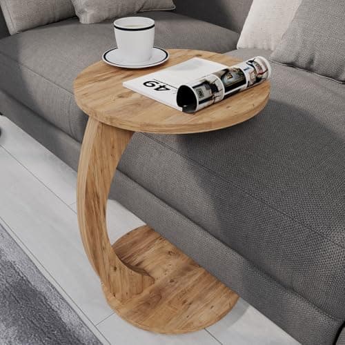 sugodesign Couchtisch mit Rollen, Kleiner Beistelltisch C Form, stylischer Sofatisch in schöner Nussbaum Holz Optik, runder Tisch als Ablagefläche für Couch und Sofa, Beistelltisch Couch image