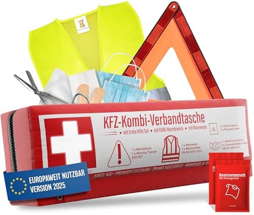KFZ Kombitasche (3 in 1) nach aktueller Norm 2025 - Inkl. Warndreieck, Warnweste - Verbandskasten Warndreieck Set Verbandskasten Auto DIN 13164:2022 (StVO konform) image