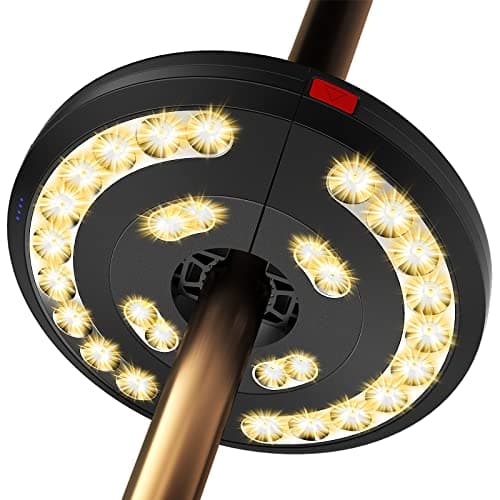 Eletorot Sonnenschirm Beleuchtung LED mit USB-Wiederaufladung, 3 Helligkeitsstufen Sonnenschirm Lichter Schnurlose Lampen für Garten Balkon Terassen Strand Camping Deko, Warmes Licht image