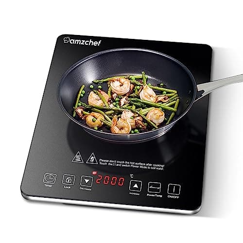 Induktionskochfeld 1 Platte, AMZCHEF Kochplatte Induktion mit ultradünnem Design, 20-Temperaturstufen und 20-Leistungseinstellung, 2000W Induktionskochplatte mit 3-Stunden-Timer, Sicherheitsschloss image