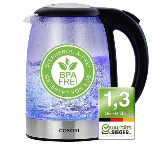 COSORI Wasserkocher Glas 1,7 Liter, Blaue LED, BPA-frei, 2200 Watt, 5 Minuten Kochzeit, Überhitzungsschutz, 360° Drehbar, Kettle aus Borosilikatglas mit Edelstahlboden und Filter image