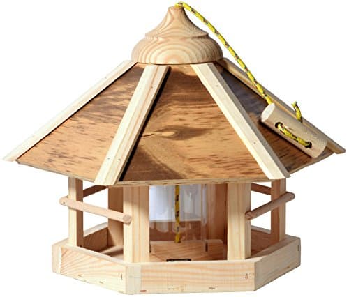 dobar® 21391e Vogelfutterhaus Camouflage Vogelfutterstation aus Holz - Vogelhaus zum Hängen - inkl. Futtersilo - Kompakte Vogelvilla - 35 x 35 x 29 cm - Natur-Geflammt image