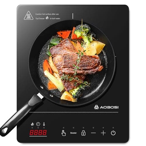 Aobosi Induktionskochfeld 1 Platte,Induktionskochplatte mit Booster-Funktion, 20 Leistungsstufen und Temperaturstufen,Kompakte Größe,2000W Tragbares Induktionskochfeld,10H-Timer,Schwarz image