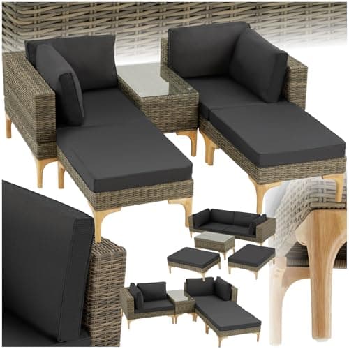 tectake® Outdoor Rattan Lounge, 5-teiliges Gartenmöbel Sofa Set, frei kombinierbar, mit Ecksessel, Hocker, Tisch, Gartenlounge, inkl Sitz- und Rückenkissen - Natur image