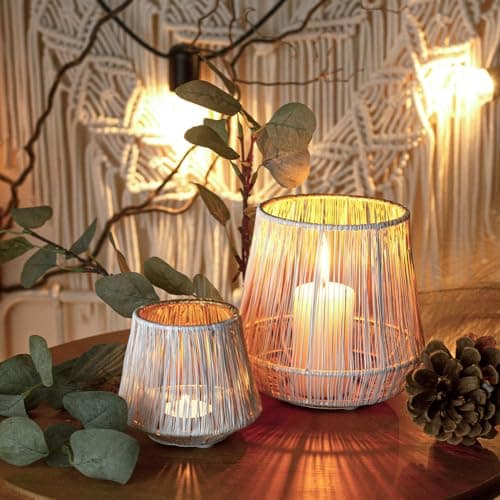 ZEYA Windlicht weiß Gold Metall 2er Set, 15 + 9 cm hoch, Windlicht Boho, Trendige Teelichthalter Draht, Moderne Laterne Tischdeko, Kerzenhalter Deko Wohnzimmer, Präsent zu Ostern image