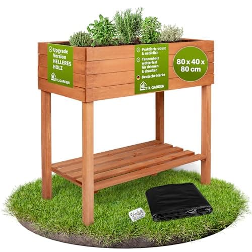 TTL GARDEN Balkon Hochbeet M 80x40x80cm aus Holz - Pflanzkasten & Blumenkasten mit Ablageboden & Folie - Tannenholz wetterfest - Pflanzbeet Kräuterbeet Blumenbeet für Garten Balkon Terrasse - Braun image