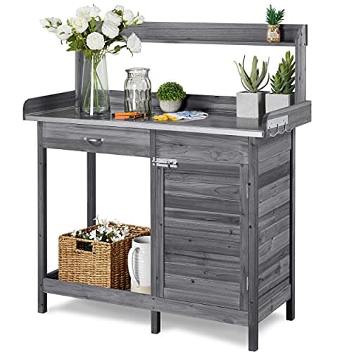 Yaheetech Pflanztisch mit verzinkter Arbeitsplatte, Wetterfest Gärtnertisch Blumentisch Holzpflanztisch mit Unterschrank, Ablagefläche und Schublade für den Garten/Terrasse/Balkon, Grau image
