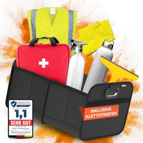 POUKO® Kofferraum Organizer Schwarz I Extrem stabiler Auto Organizer mit Anti-Rutsch-Klett I Praktische faltbare Kofferraumtasche für mehr Ordnung und Platz im Auto I Hochwertige Kofferraum Box image