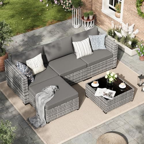 Amopatio Rattan Gartenmöbel-Set, Poly Rattan Sitzgruppe Couch 5 Teilig mit 3er Sofa, Sessel, Kissen und Glastisch für Garten, Terrasse und Balkon, Lounge-Set, Grau-meliert & Dunkelgraue Bezüge image