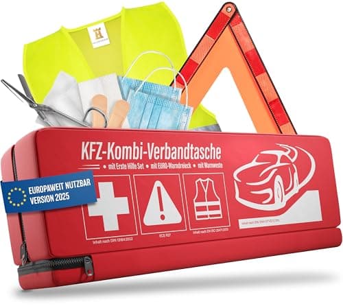 HELDENWERK KFZ Kombitasche (3 in 1) nach aktueller Norm 2025 - Inkl. Warndreieck, Warnweste - Verbandskasten Warndreieck Set Verbandskasten Auto DIN 13164:2022 (StVO konform) image