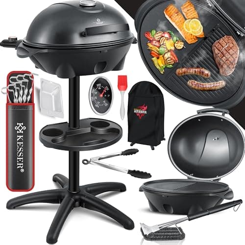 KESSER® elektrischer Elektrogrill 2in1 Tischgrill-Standgrill mit Deckel Standfuß, max. 2400 Watt Thermometer, Antihaftbeschichtung XXL Grillplatte, Ablagefläche Elektro-Säulengrill, Inkl. Grill- Set image