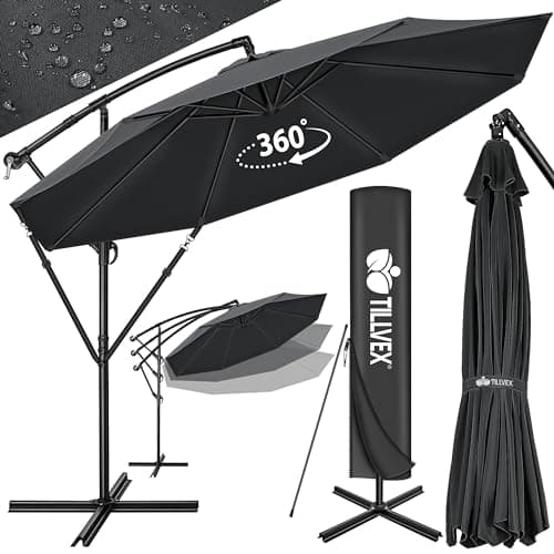 tillvex Alu Sonnenschirm + Abdeckung Ø 300 cm mit Kurbel | Ampelschirm mit Ständer & Windschutz | Gartenschirm UV-Schutz Aluminium | Kurbelschirm Marktschirm wasserdicht 360° drehbar Anthrazit image
