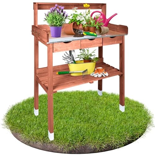 TTL Garden Pflanztisch Planter Deluxe mit 3 Schubladen + verzinkter Arbeitsplatte - Outdoor Gärtnertisch wetterfest mit Abstellboden & 6 Haken Tannenholz braun - Garten Balkon Terrasse Gewächshaus image