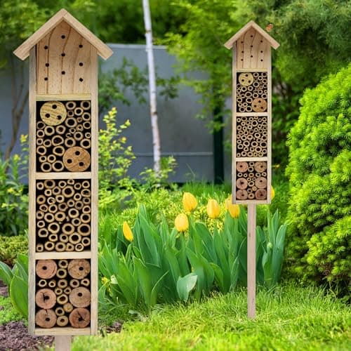 Holz Insektenhotel mit Erdspieß - H 78 cm - Insektenhaus naturbelassen zum Aufstellen - Bienenhotel Hummelhaus Holzhaus Nisthilfe für Bienen Hummeln Florfliegen Schmetterling image