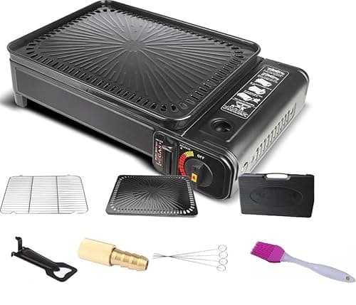 SMH LINE® 2-in-1 Camping Gasgrill Set Campinggrill Balkon-Grill Tischgrill Campingkocher Tragbarer Koffer Gas Grill BBQ inkl. Zubehör Grillgitter Grillpfannenclip Kassettengrill image